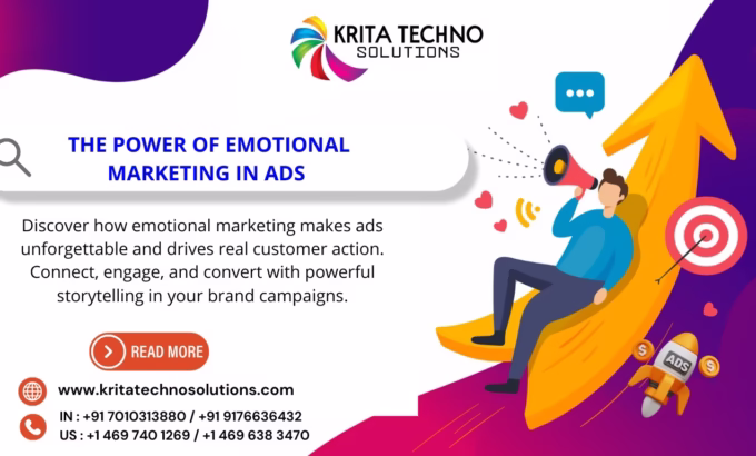 Illustration of a marketer creating an emotional ad campaign with heart icons and happy customer reactions.