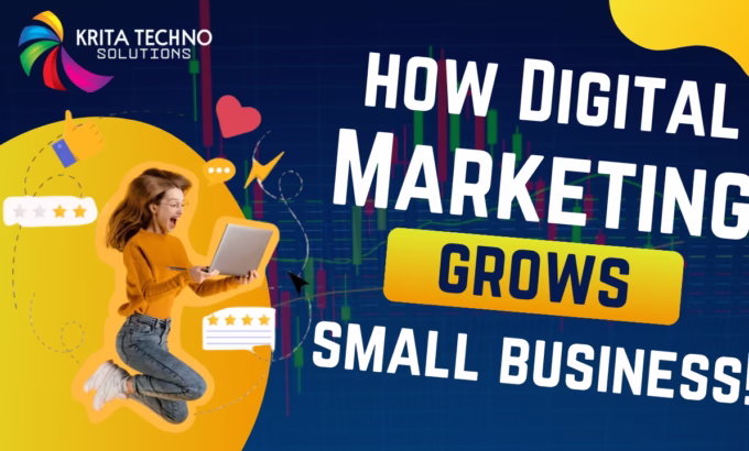 Illustration showing digital marketing boosting small business growth through online channels.